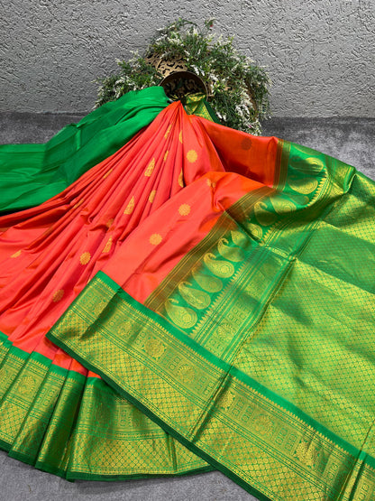 ORANGE SILK PURE HANDLOOM GADWAL SAREE
