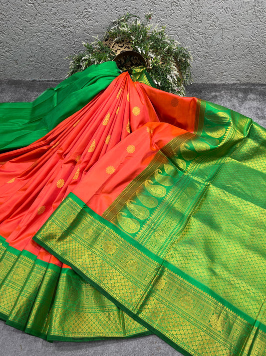ORANGE SILK PURE HANDLOOM GADWAL SAREE