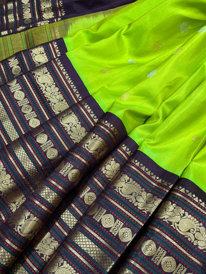 PARROT GREEN SILK PURE HANDLOOM GADWAL SAREE