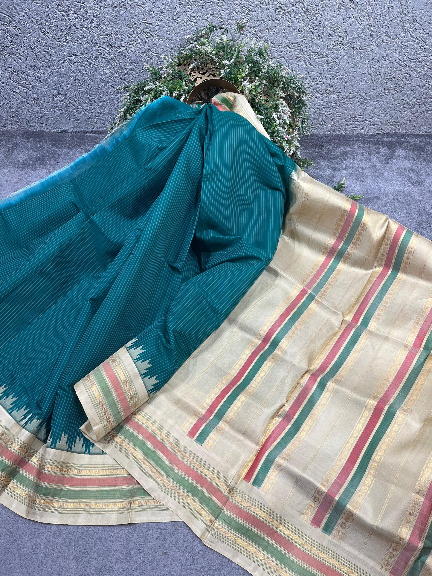 TEAL GREEN SICO PURE HANDLOOM GADWAL SAREE