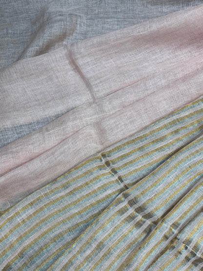 PEACH TWILL METALLIC PURE HANDLOOM LINEN SAREE