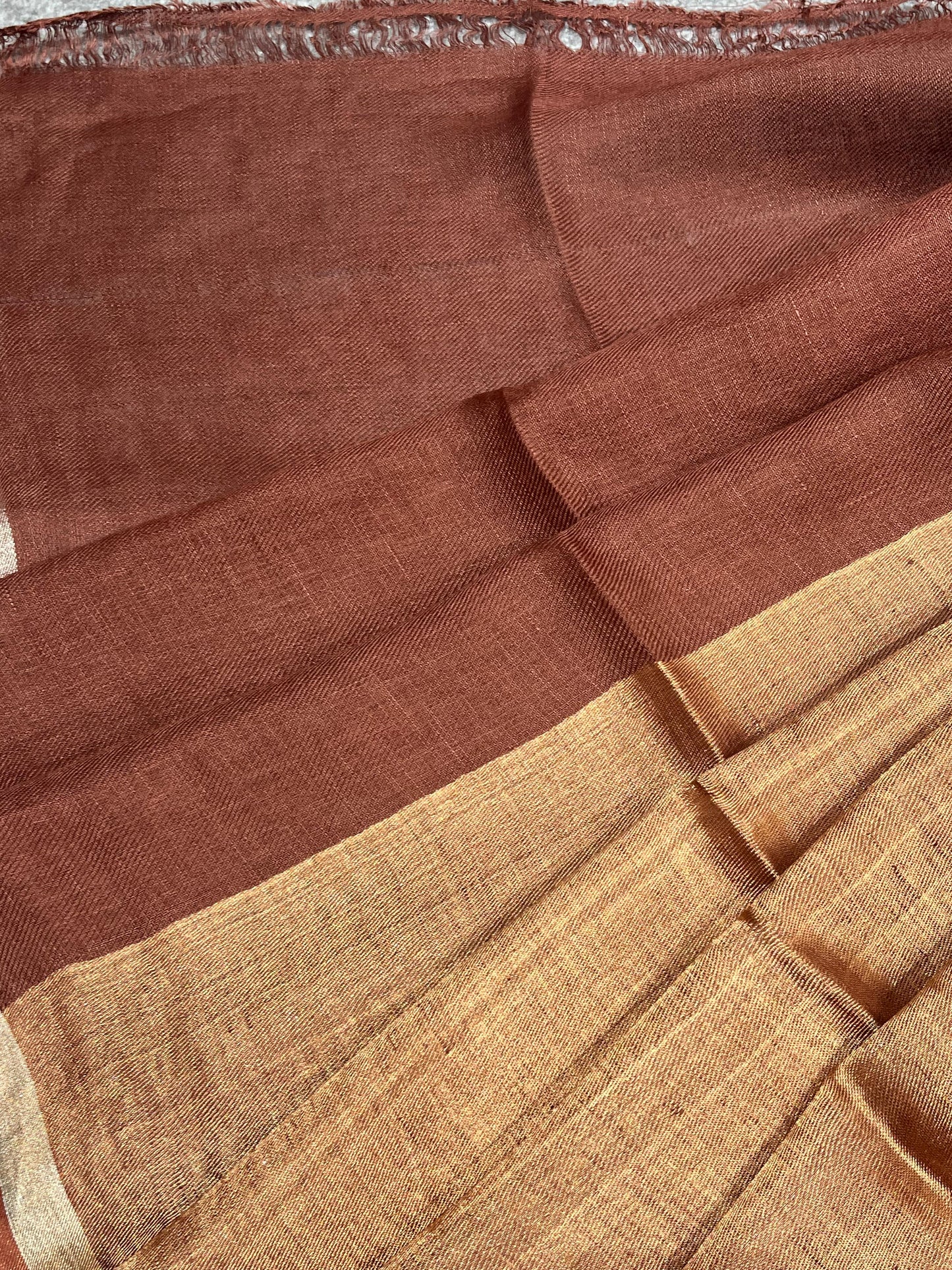 COPPER BROWN TWILL METALLIC PURE HANDLOOM LINEN SAREE