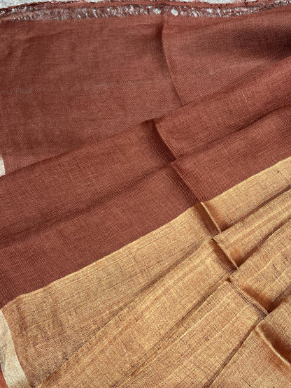 COPPER BROWN TWILL METALLIC PURE HANDLOOM LINEN SAREE