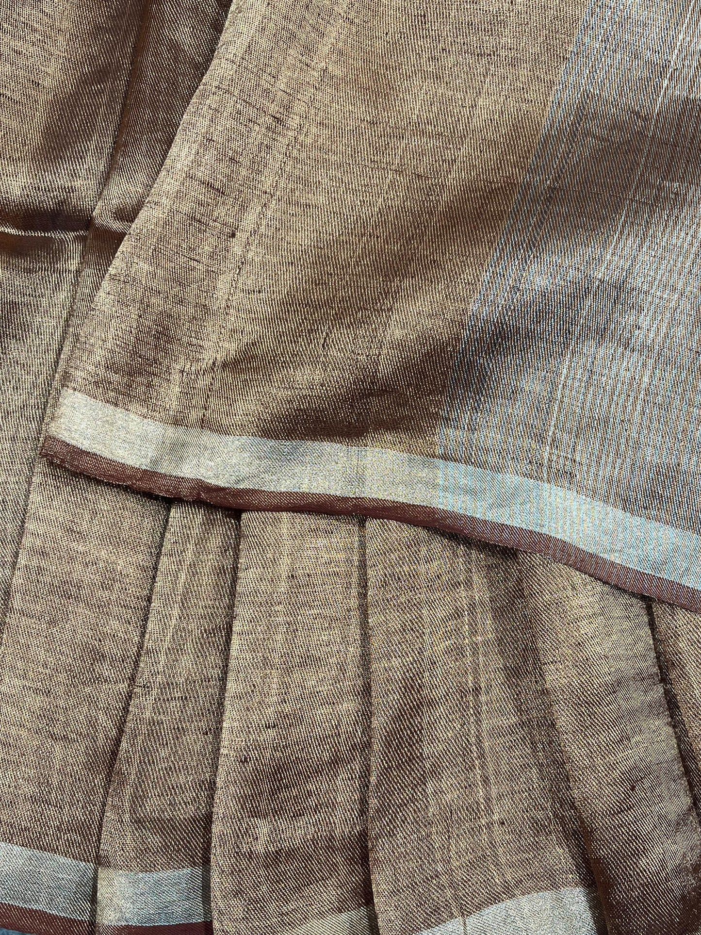 COPPER BROWN TWILL METALLIC PURE HANDLOOM LINEN SAREE