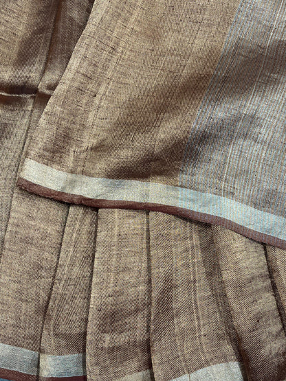 COPPER BROWN TWILL METALLIC PURE HANDLOOM LINEN SAREE
