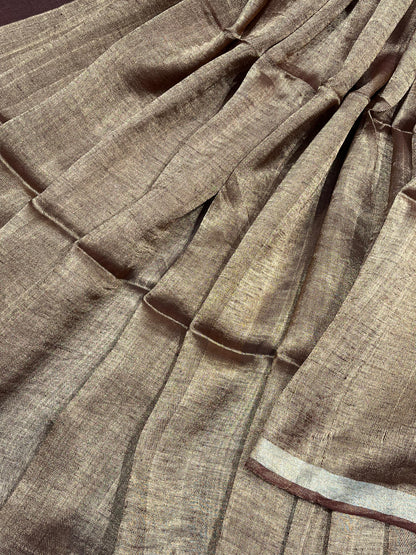 COPPER BROWN TWILL METALLIC PURE HANDLOOM LINEN SAREE