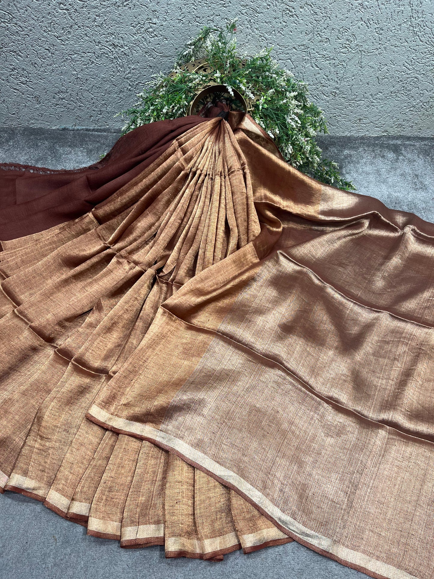 COPPER BROWN TWILL METALLIC PURE HANDLOOM LINEN SAREE