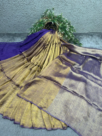 PURP[LE TWILL METALLIC PURE HANDLOOM LINEN SAREE
