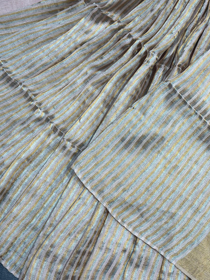 PEACH TWILL METALLIC PURE HANDLOOM LINEN SAREE