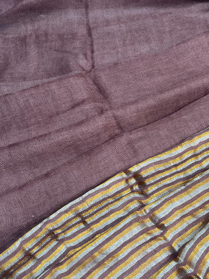 BROWN TWILL METALLIC PURE HANDLOOM LINEN SAREE
