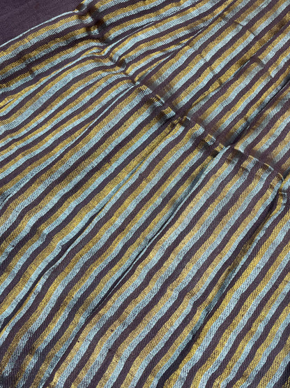 BROWN TWILL METALLIC PURE HANDLOOM LINEN SAREE