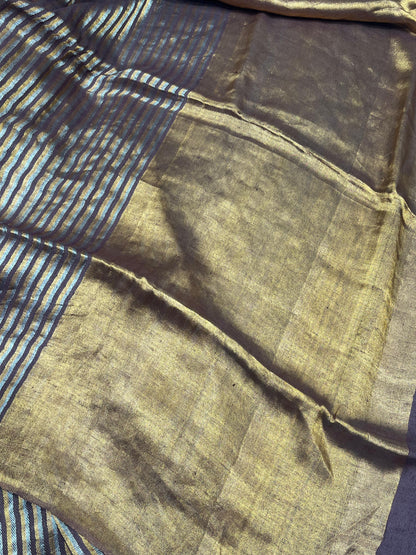 BROWN TWILL METALLIC PURE HANDLOOM LINEN SAREE