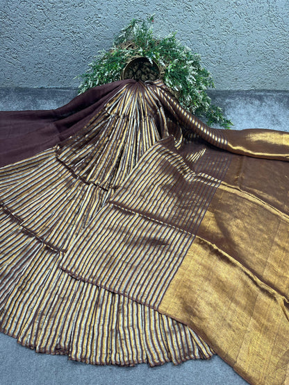 BROWN TWILL METALLIC PURE HANDLOOM LINEN SAREE