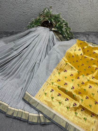 WHITE GREY LINEN PURE HANDLOOM PAITHANI SAREE