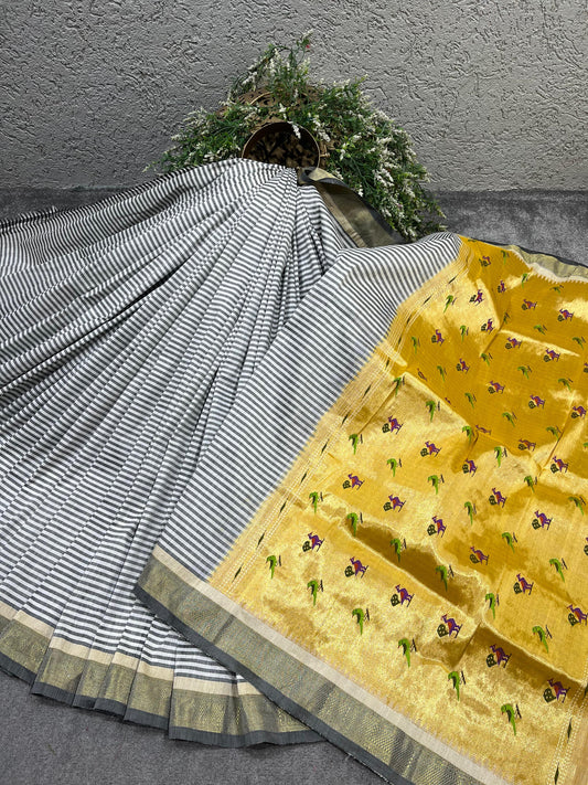 WHITE GREY LINEN PURE HANDLOOM PAITHANI SAREE