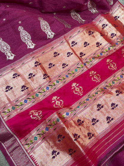 MAJENTA WINE LINEN PURE HANDLOOM PAITHANI SAREE