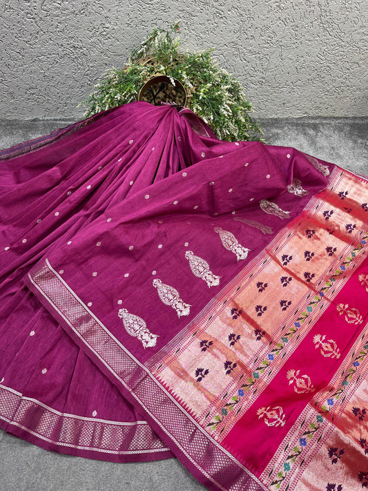 MAJENTA WINE LINEN PURE HANDLOOM PAITHANI SAREE