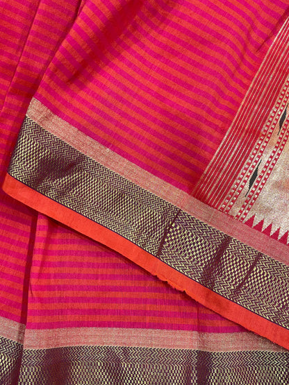 ORANGE PINK LINEN PURE HANDLOOM PAITHANI SAREE