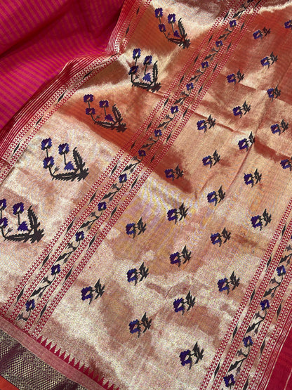 ORANGE PINK LINEN PURE HANDLOOM PAITHANI SAREE