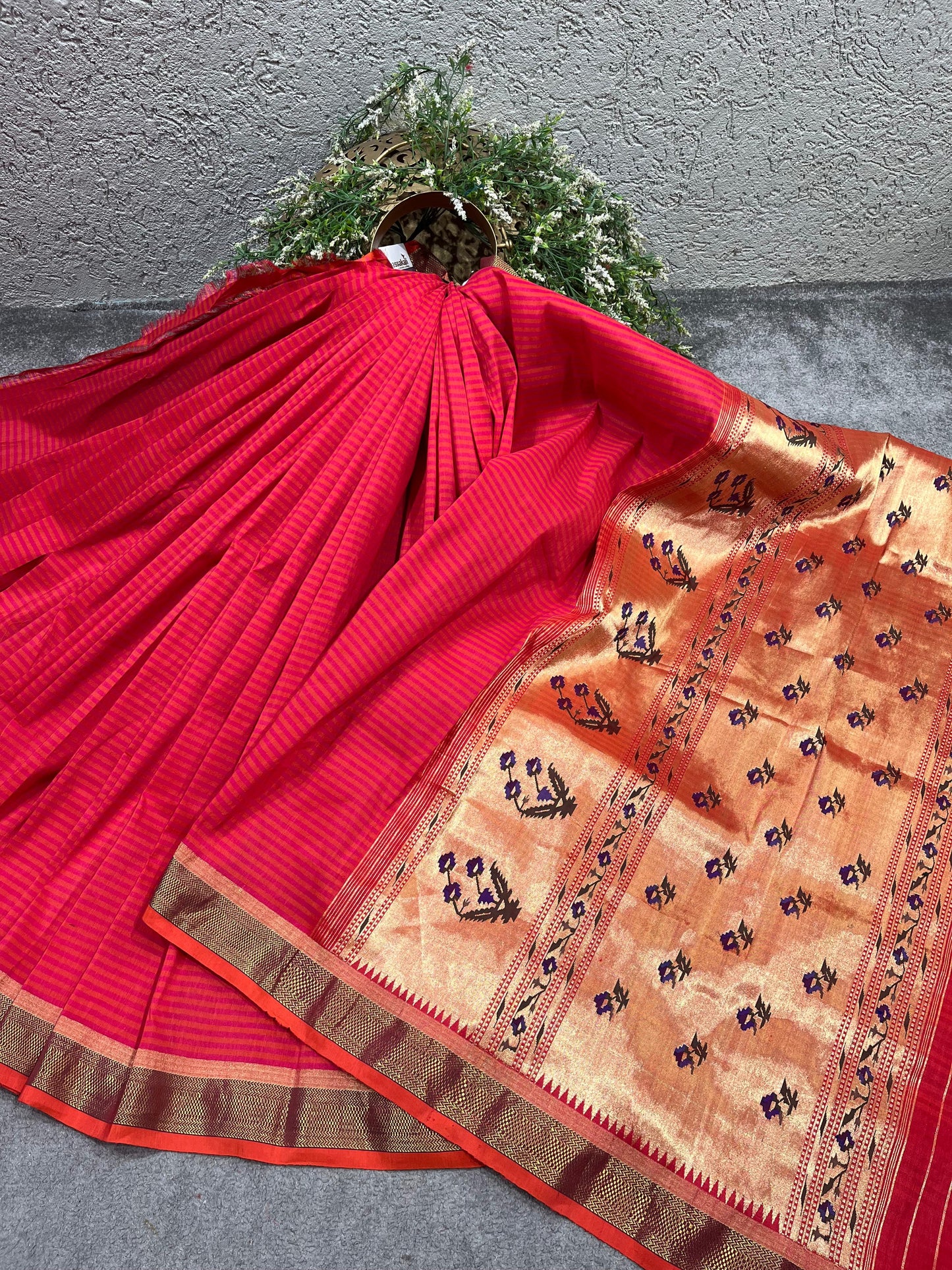 ORANGE PINK LINEN PURE HANDLOOM PAITHANI SAREE