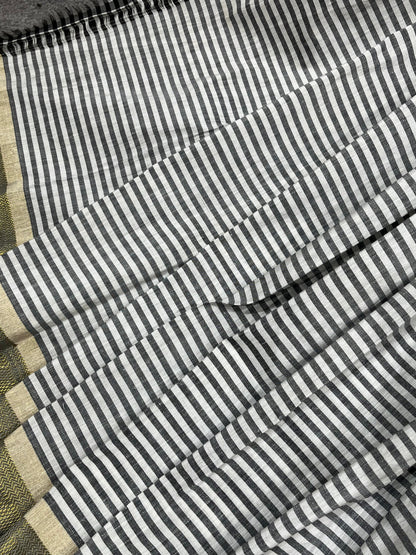 WHITE GREY LINEN PURE HANDLOOM PAITHANI SAREE