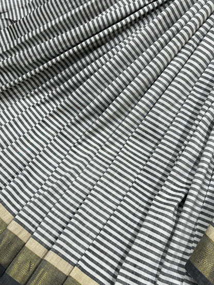 WHITE GREY LINEN PURE HANDLOOM PAITHANI SAREE