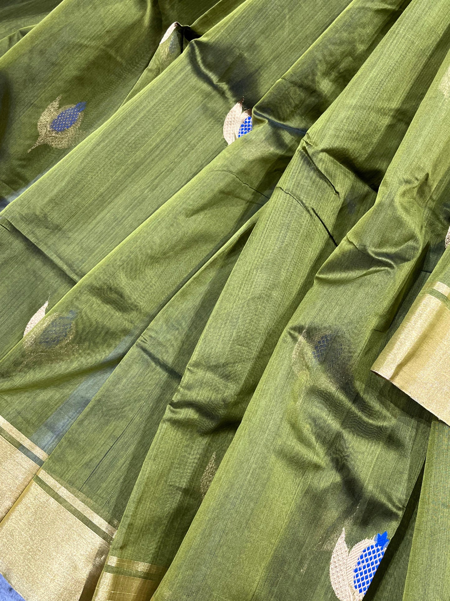 OLIVE GREEN COTTON PURE HANDLOOM CHANDERI SAREE