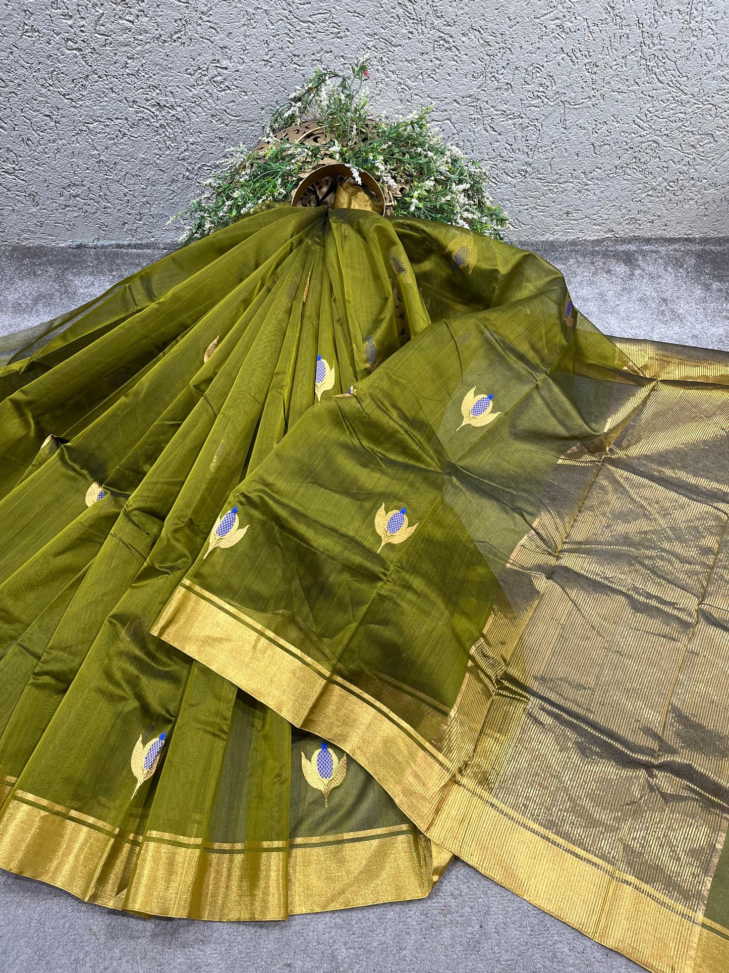 OLIVE GREEN COTTON PURE HANDLOOM CHANDERI SAREE