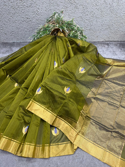 OLIVE GREEN COTTON PURE HANDLOOM CHANDERI SAREE