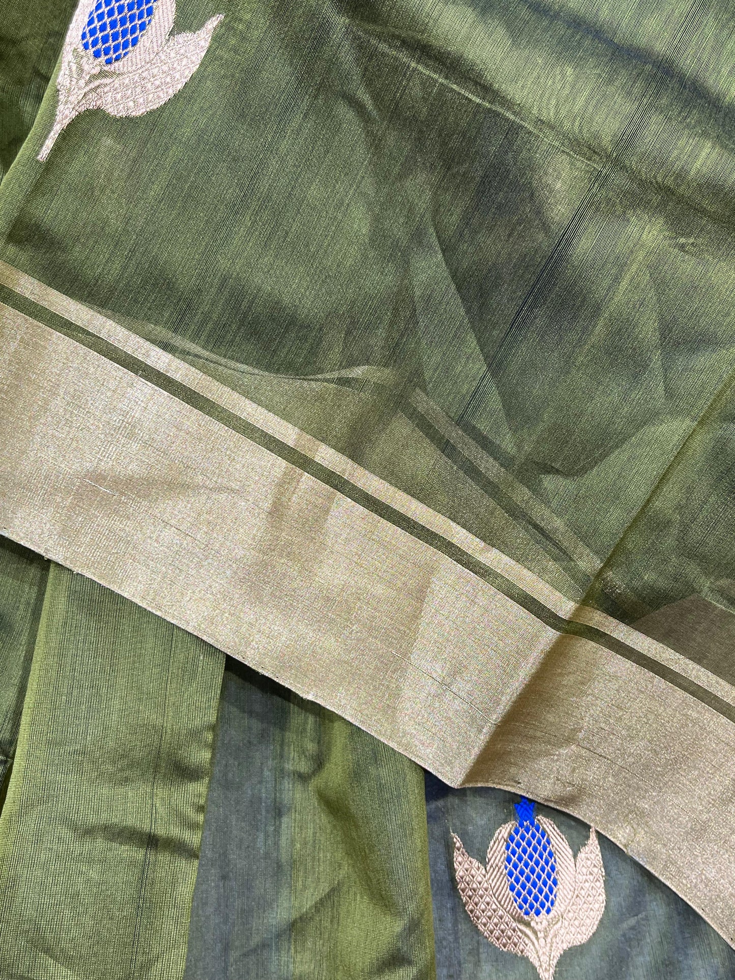 OLIVE GREEN COTTON PURE HANDLOOM CHANDERI SAREE