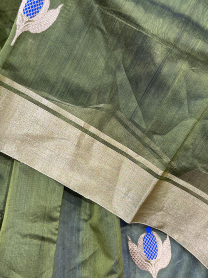 OLIVE GREEN COTTON PURE HANDLOOM CHANDERI SAREE