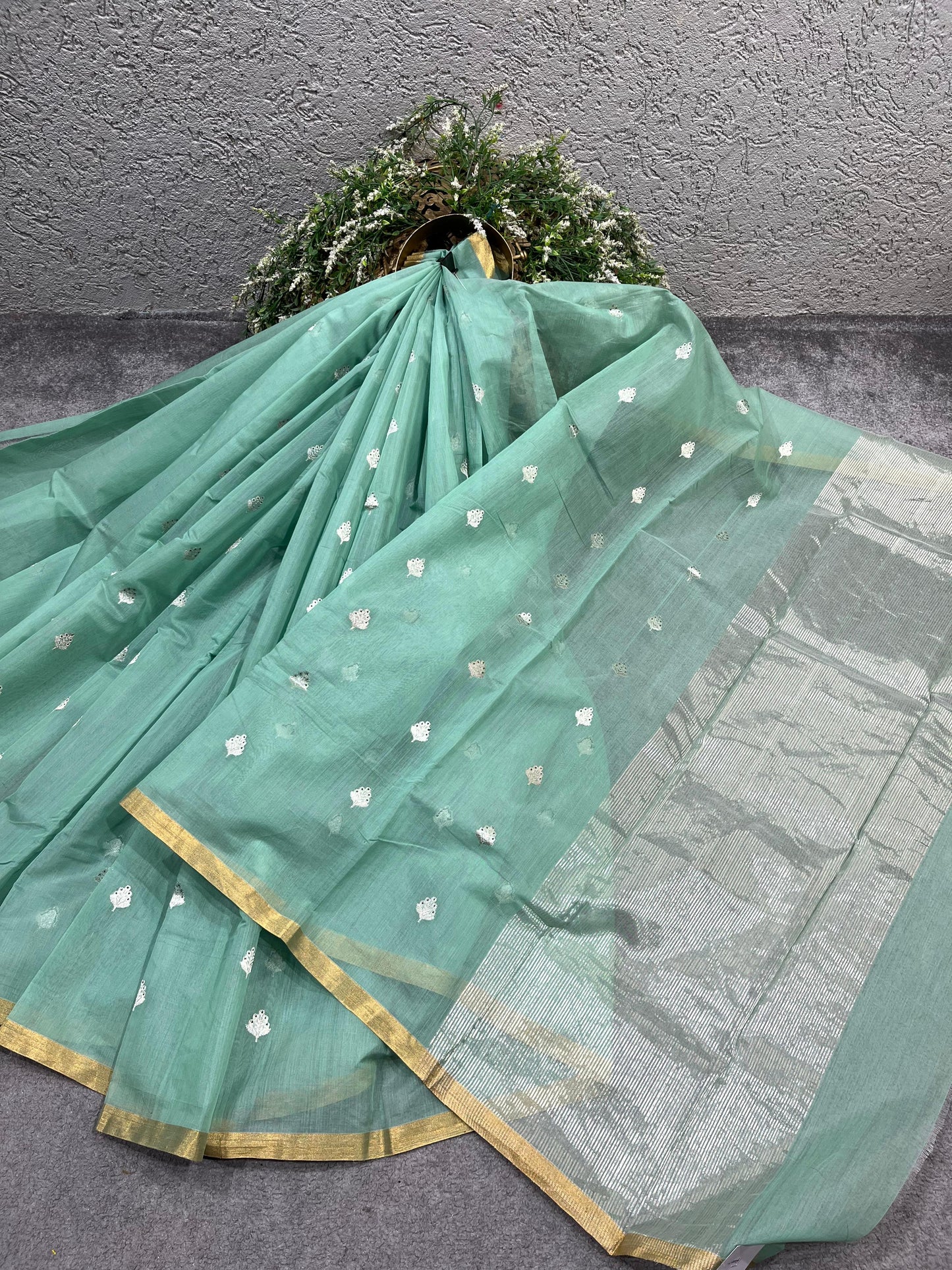 SEA GREEN COTTON PURE HANDLOOM CHANDERI SAREE