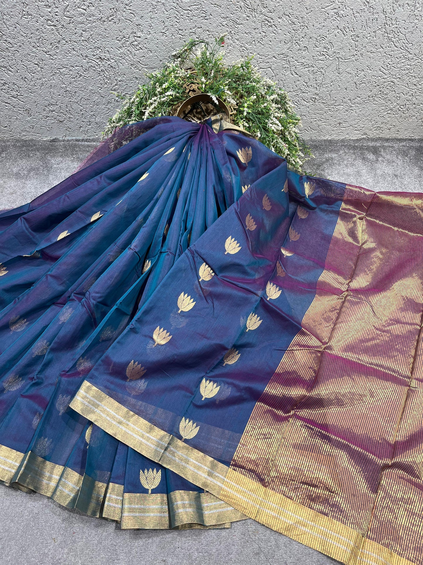 NAVY BLUE COTTON PURE HANDLOOM CHANDERI SAREE