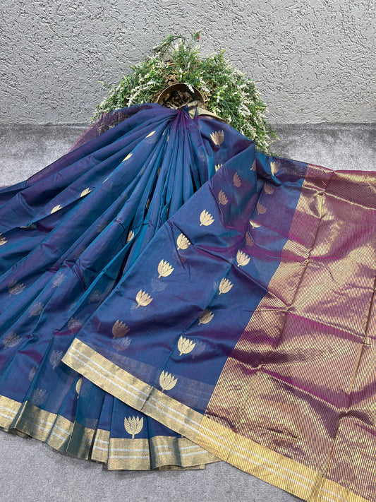 NAVY BLUE COTTON PURE HANDLOOM CHANDERI SAREE