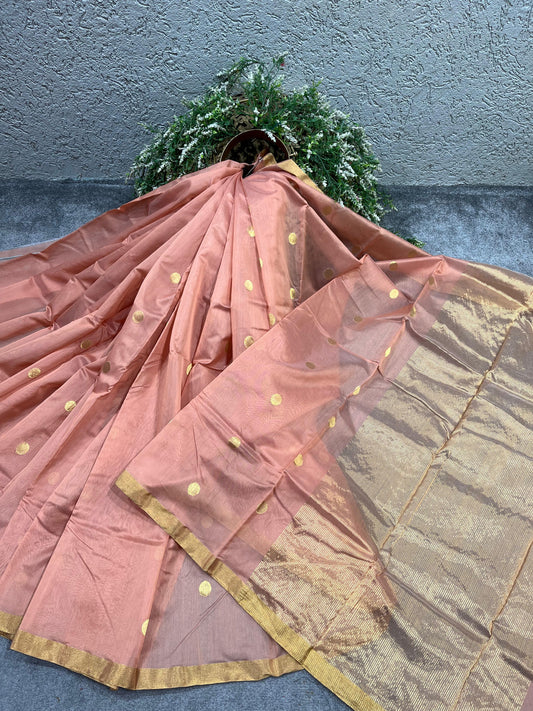 PEACH COTTON PURE HANDLOOM CHANDERI SAREE