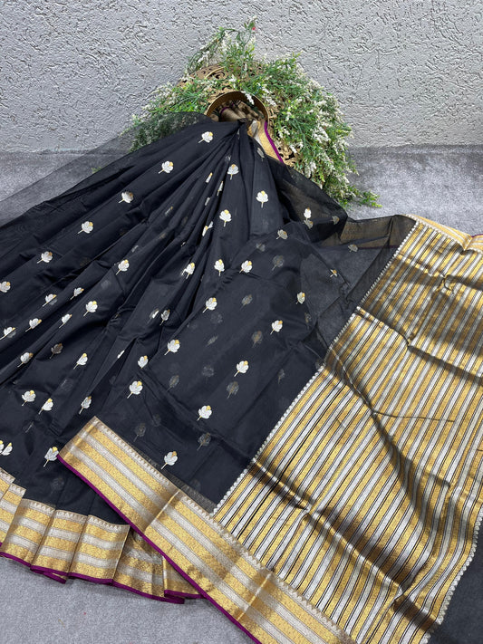 BLACK COTTON PURE HANDLOOM CHANDERI SAREE