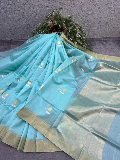 BLUE COTTON PURE HANDLOOM CHANDERI SAREE