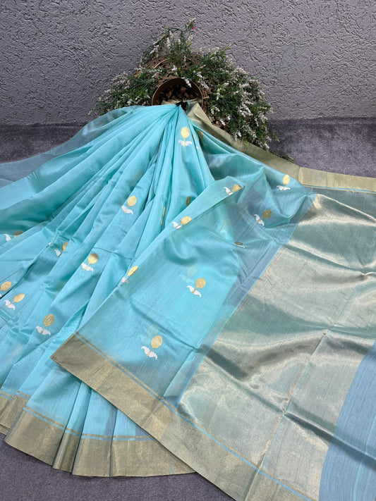 BLUE COTTON PURE HANDLOOM CHANDERI SAREE