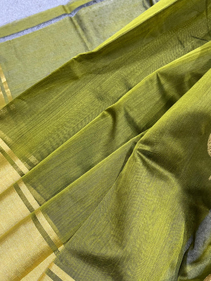 OLIVE GREEN COTTON PURE HANDLOOM CHANDERI SAREE