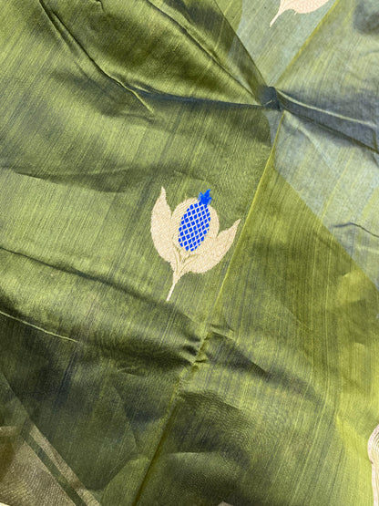 OLIVE GREEN COTTON PURE HANDLOOM CHANDERI SAREE