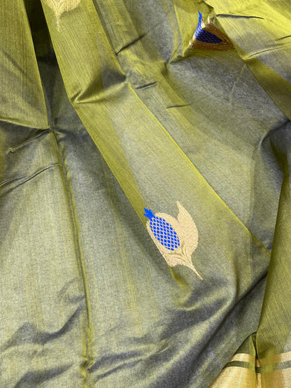OLIVE GREEN COTTON PURE HANDLOOM CHANDERI SAREE