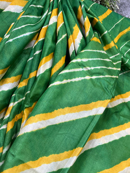 GREEN YELLOW TASSAR PURE HANDLOOM LEHERIYA SAREE