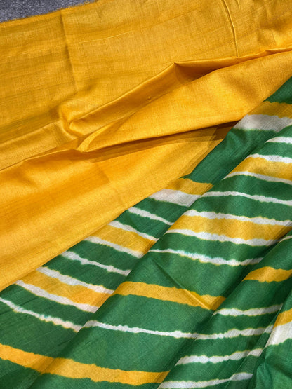 GREEN YELLOW TASSAR PURE HANDLOOM LEHERIYA SAREE