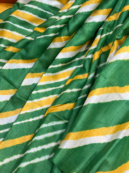 GREEN YELLOW TASSAR PURE HANDLOOM LEHERIYA SAREE