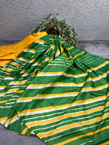 GREEN YELLOW TASSAR PURE HANDLOOM LEHERIYA SAREE
