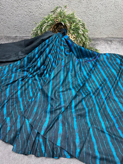 CHARCOAL BLACK TASSAR PURE HANDLOOM LEHERIYA SAREE
