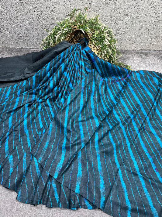 CHARCOAL BLACK TASSAR PURE HANDLOOM LEHERIYA SAREE