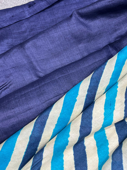 WHITE BLUE NAVY BLUE TASSAR PURE HANDLOOM LEHERIYA SAREE