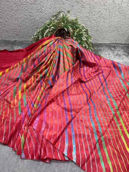 RED TASSAR PURE HANDLOOM LEHERIYA SAREE
