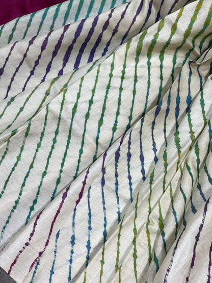 OFF WHITE TASSAR PURE HANDLOOM LEHERIYA SAREE